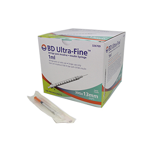 BD Ultra-Fine, jeringas de insulina de 1 ml, con aguja integrada de 30G x 13 mm. Caja con 100 piezas.